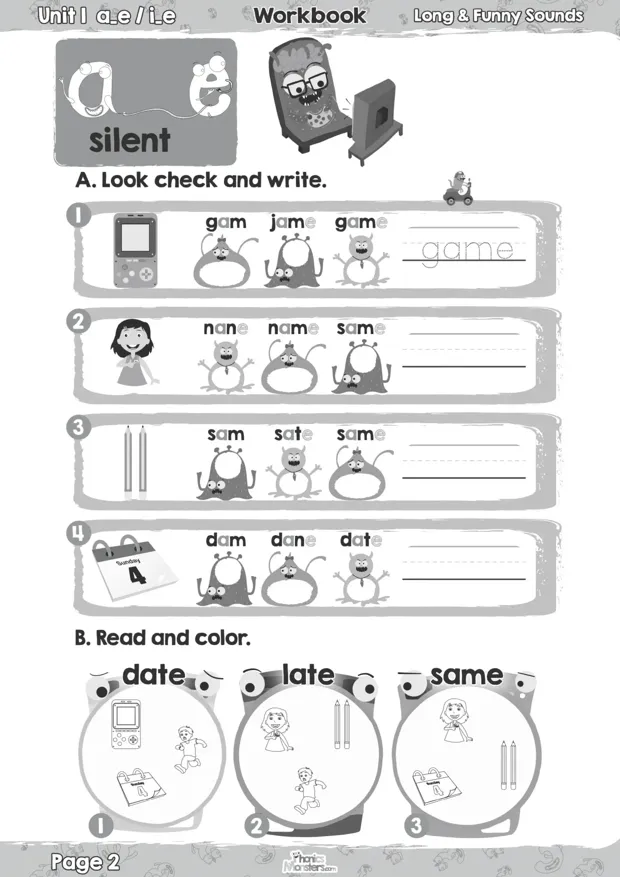 Level 3 workbook page: silent e words